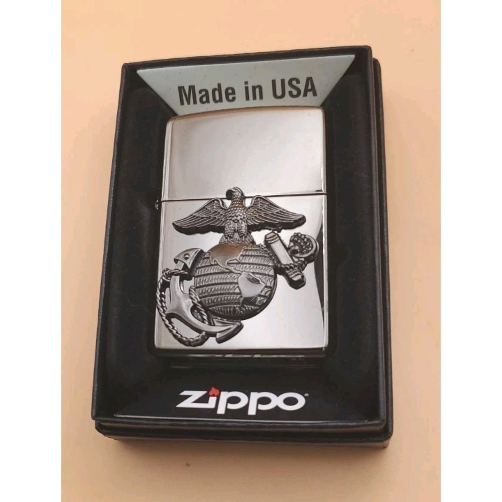 Zippo Lighter With A Marine Corps Emblem Polished Chrome  Unused
